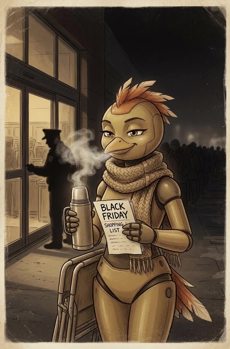 Birdie at the front of a Black Friday line, 4 a.m.